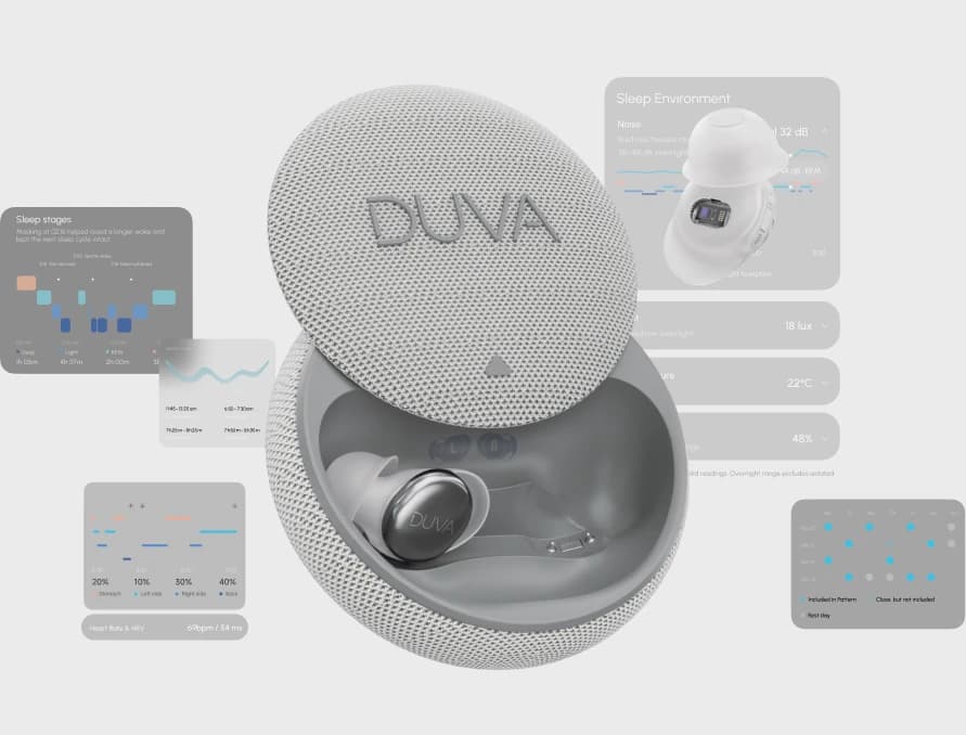 DUVA ONE sleep earbuds and smart case connected to sleep and bedroom insights