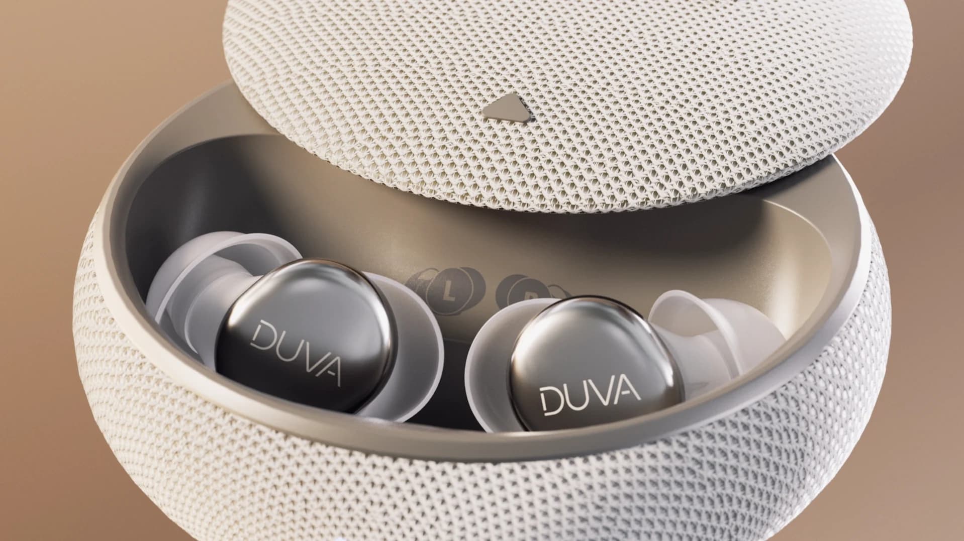DUVA ONE earbuds inside their open charging case