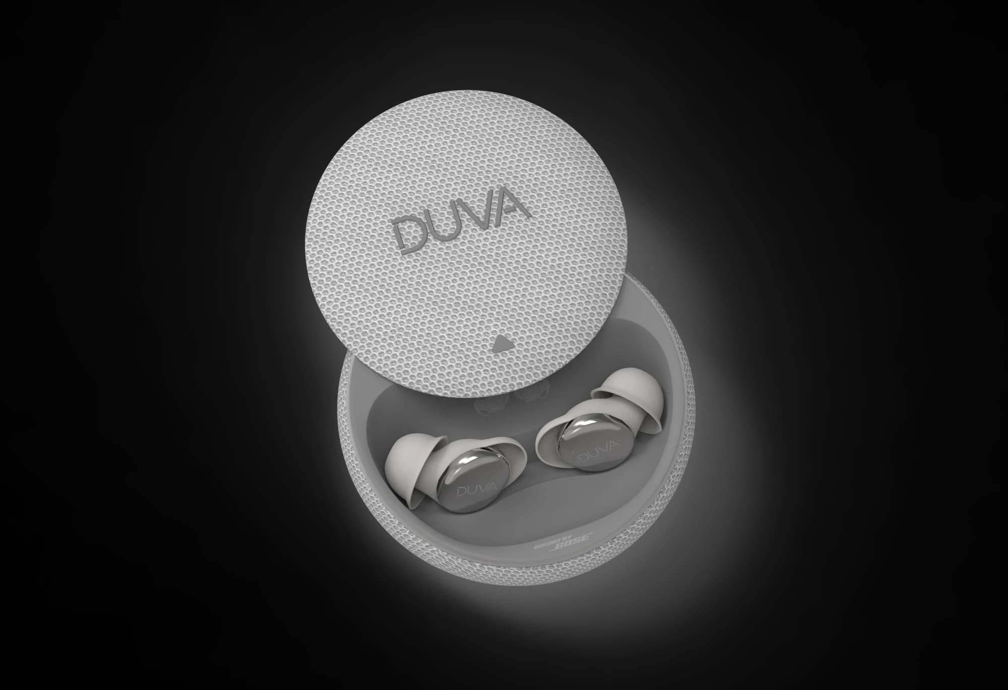Silver DUVA One earbuds in their open charging case