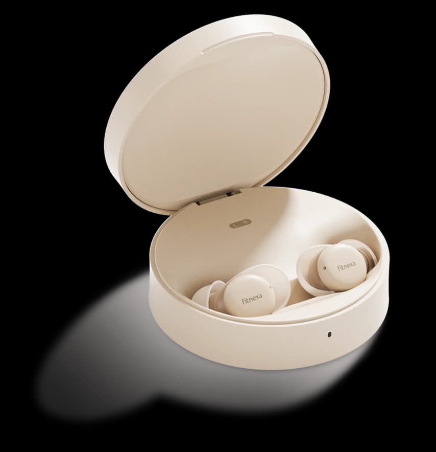 Cream SomniPods 3 earbuds in their open charging case