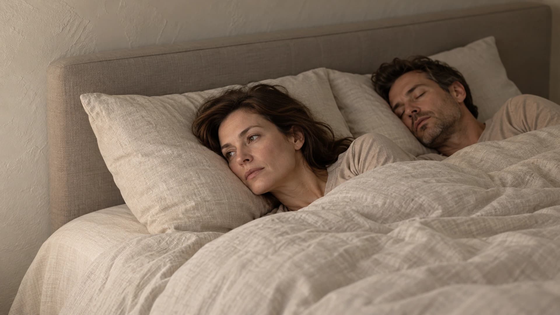 A woman lying awake beside her sleeping partner in a neutral-toned bedroom.