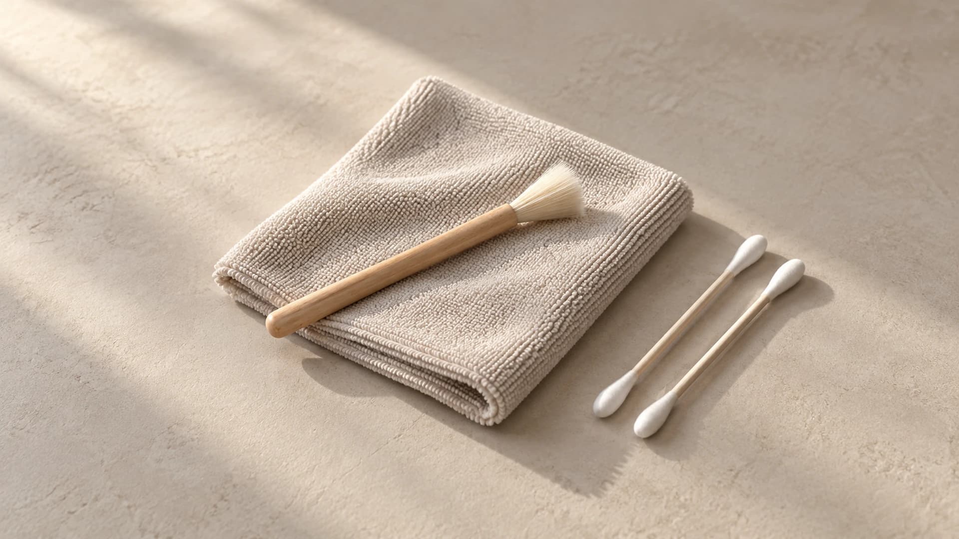 A soft cleaning brush resting on a folded cloth beside two cotton swabs.