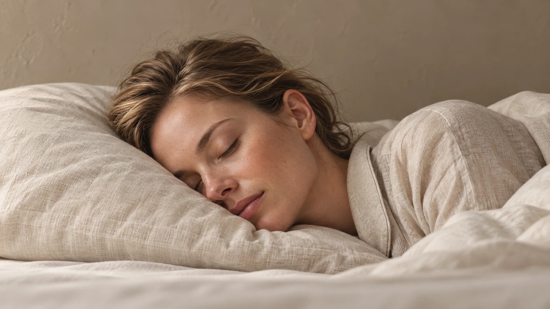An adult woman resting on her side on a soft linen pillow without earbuds.