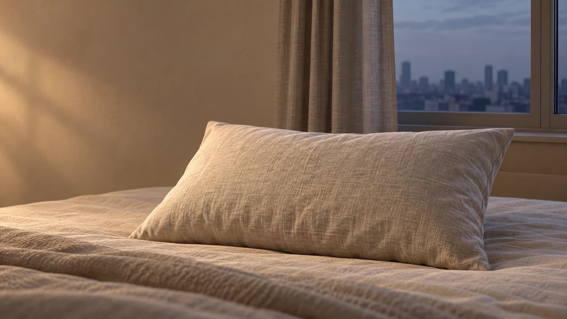 An oatmeal linen pillow in a quiet bedroom beside a closed window overlooking the city.