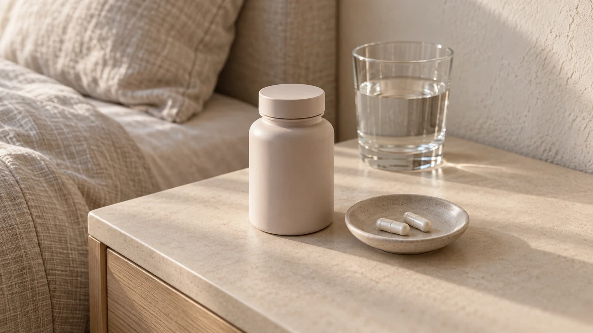 An unlabelled supplement bottle, two capsules and a glass of water on a bedside table.
